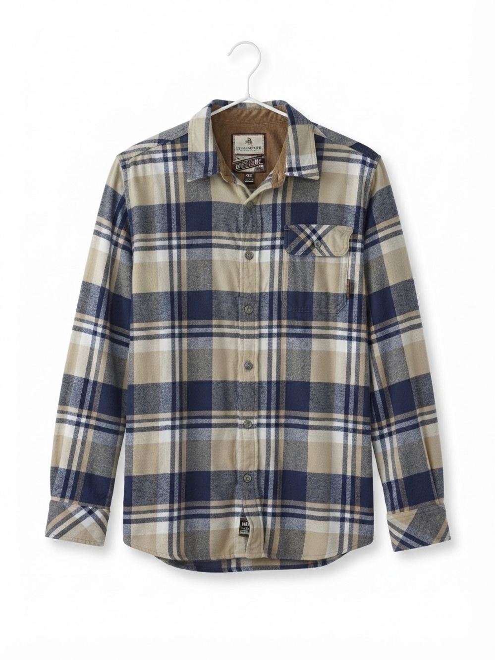 Legendary Whitetails Buck Camp Flannel Shirt Blue Tan Plaid Men's M